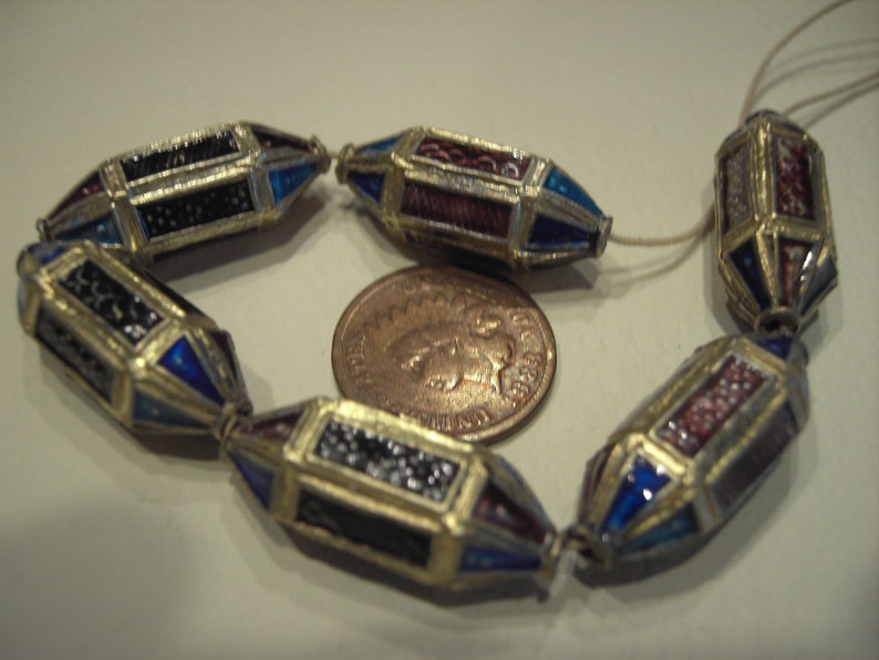 Vintage 6 Sided Purple /& Blue Enamel Asian Beads 6 Beads