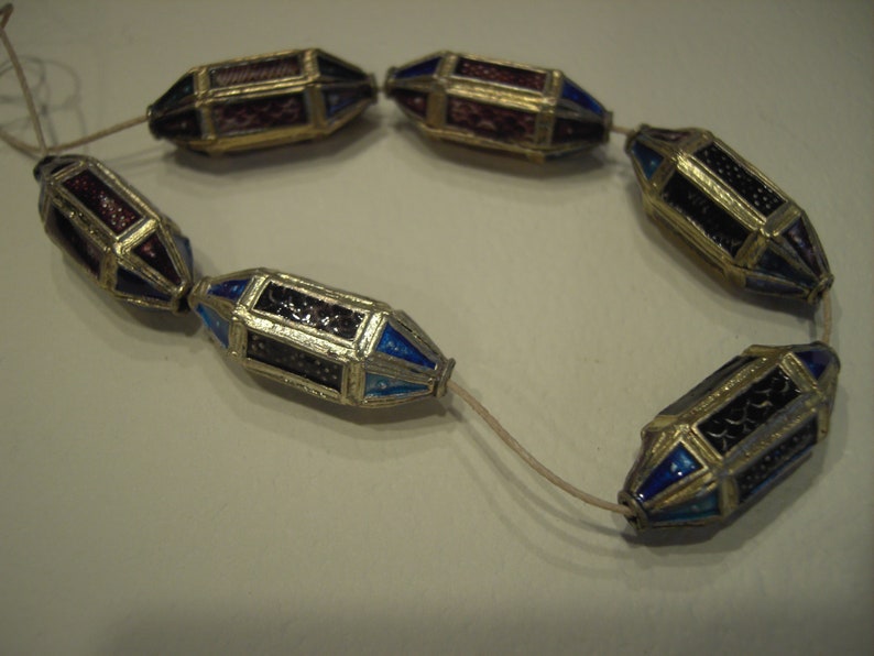 Vintage 6 Sided Purple /& Blue Enamel Asian Beads 6 Beads