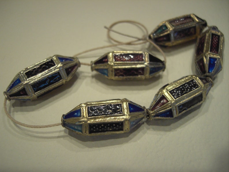 Vintage 6 Sided Purple /& Blue Enamel Asian Beads 6 Beads