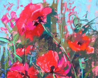 Red Poppies and Skies, Floral Garden, Botanical, original soft pastel painting on paper
