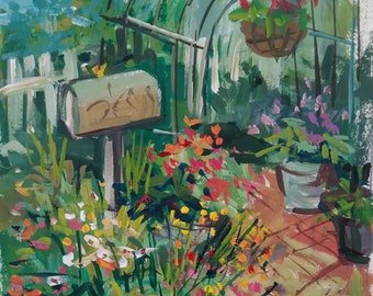 Butterfly Garden, flowers, nature, landscape, original acrylic painting