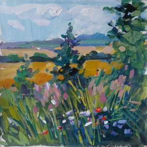 Fields and Wildflowers landscape, original acrylic painting