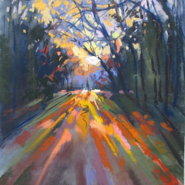 Evening Light, Sunset,Trees, original soft pastel painting on paper