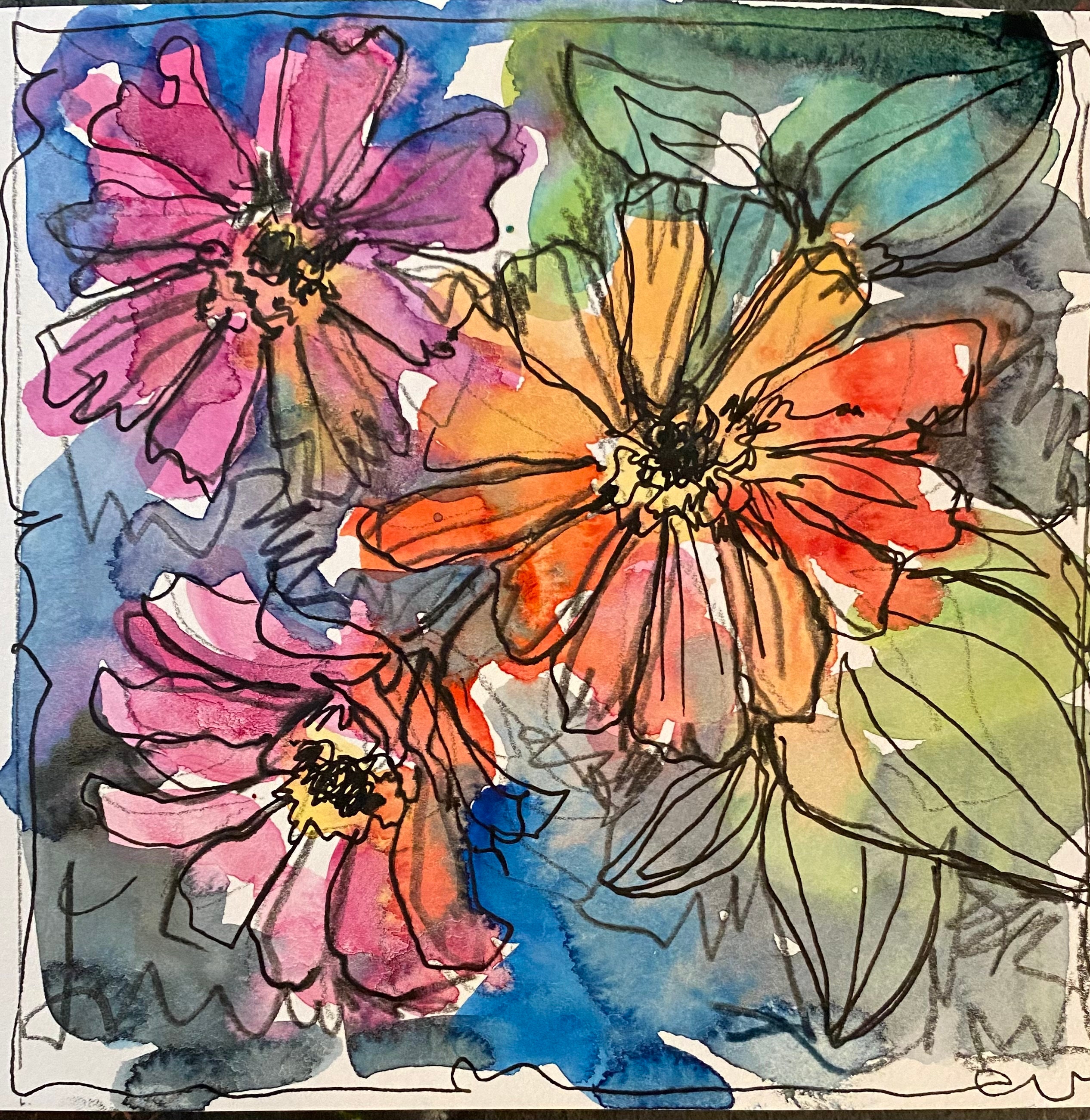 Zinnias, Flowers, Garden, Watercolor and Pen Painting - Etsy