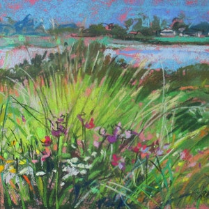 Field of Wildflowers, Landscape Painting, original soft pastel painting on paper
