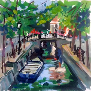 Amsterdam Canal Bridge and Boat, urban landscape, original acrylic painting