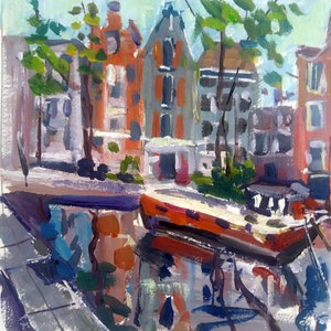 Amsterdam Canal and House Boat, urban landscape, original acrylic painting