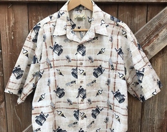 Men's Vintage Button Down Cotton Fishing Themed Shirt by Links Edition Size L