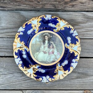 Vintage Royal Vienna Style Portrait Cabinet Plate Cobalt Blue N Gold 12in