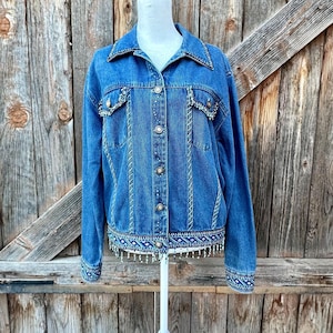 90s Vintage Denim Blue Jean Jacket Beaded Trim By New Directions Size M