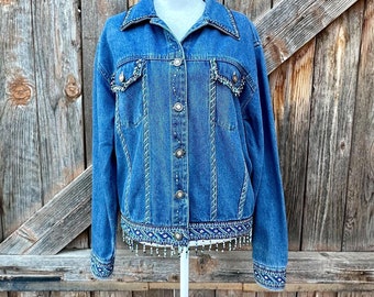 90s Vintage Denim Blue Jean Jacket Beaded Trim By New Directions Size M