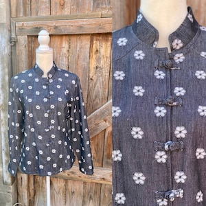 Vintage Lightweight Black Cotton Jacket White Daisy Embroidery Frog Style Closures By Cambridge Dry Goods Co Size 12
