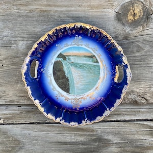Antique Prospect Point Niagara Falls Cobalt Cake Plate With Handles 10&quot;