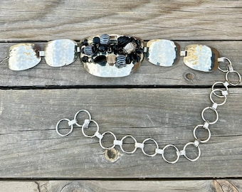 80s 90s Metal Mesh and Black Leather Belt | Silver Metal  display picture 1