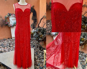 Vintage Red Formal Gown Sparkle Net Overlay Mermaid Hemline By Candalite Size L