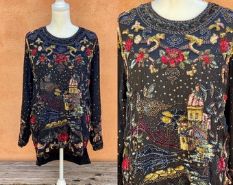 Vintage Black Silk Top Beaded Castle Scene With Florals By QPS Size L