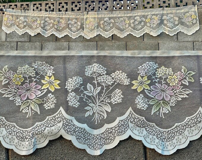 Vintage Pair of 2 Ivory Lace Curtain Valances With Pastel Floral