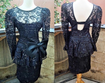 Vintage Black Lace & Sequins Peplum Top Dress Illusion Neckline by After Five Size 10