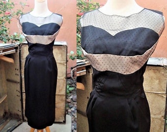 1950s Mid Century Black Sweetheart Illusion Neckline Dress Blush Accent Size S