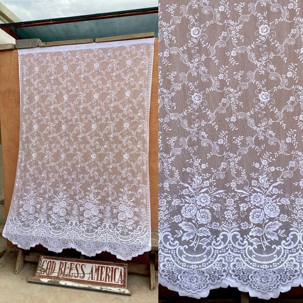 Vintage Victorian Farmhouse Chic White Floral Lace Curtain Panel 80" x 52"