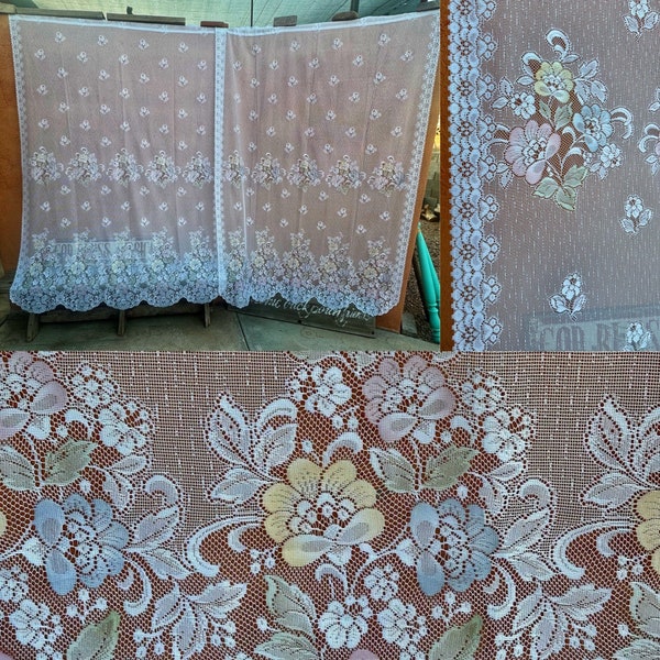 Vintage Pair of 2 White Floral Lace Curtain Panels With Pastel Accents 84" x 58" Each