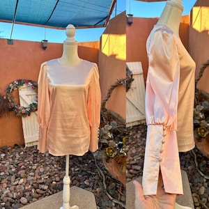 Vintage Peach Satin Blouse Puffy Sleeves Wide 7.5in Cuffs Size L