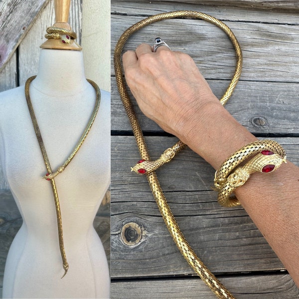 Set of 2 Vintage 60s Whiting & Davis Style Gold Mesh Snake Belt Necklace and Bracelet