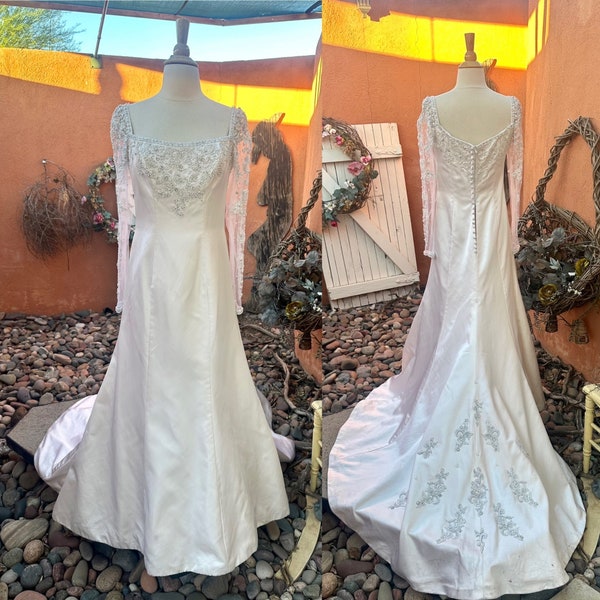 Vintage Eggshell Silk Wedding Gown Attached Train Long Sheer Sleeves Embellished By Mori Lee Size 10