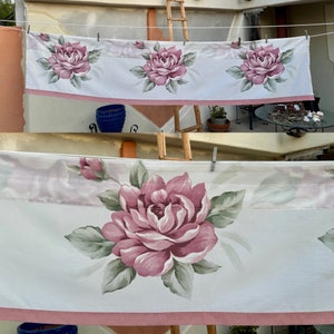 90s Vintage Dusty Pink Roses On Ivory Background Curtain Valance 92&quot; x 20.5&quot;