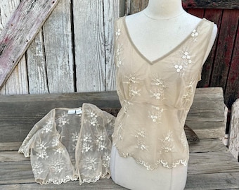 2 Piece Vintage Beige Sheer Net Lace Tank Top Matching Coverup Size 10