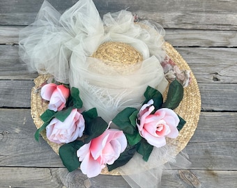 Vintage Millinery Wide Brimmed Straw Hat Pink Florals
