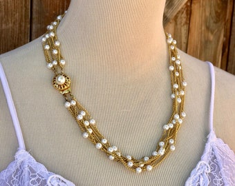 Classic Vintage 6 Strand Faux Pearl Goldtone Necklace Lovely Pearl Clasp 23"