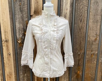 Upcycled Free People Cotton Aztec Print blouse With Ecru Lace Elbow Patches Size Small