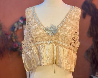 c1890s Antique Hand Tatted Lace Yoke Ivory Silk Camisole Corset Cover