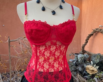 Vintage Red Boned Lace Corset Bra Rhinestone Accent Shoulder Straps By Secret Treasures Size      36B
