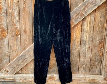 1980s Norma Kamali Black Crushed Velvet High Waist Trousers Size 12