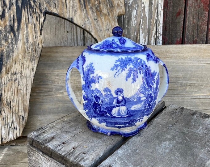Antique C1890s Flow Blue Biscuit Jar Royal Doulton Watteau Pattern Etsy