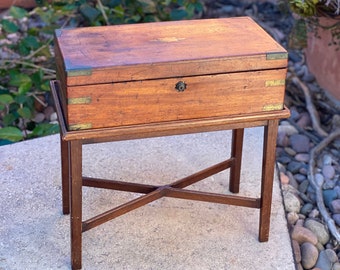 Antique English 1800s Wood n Brass Travel Lap Writing Desk With Custom Stand