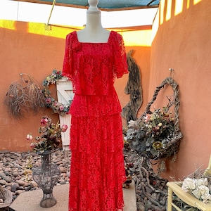 80s Red Tiered Lace Maxi Dress By Mister Jay Size 8