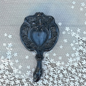 Antique Art Nouveau Lady Flowing Hair Heart Silver Plate Hand Mirror