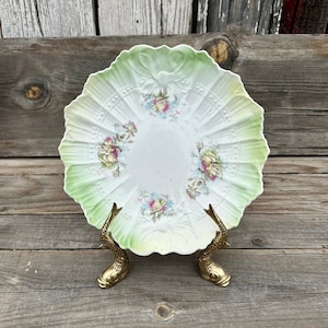 Antique 1900 SEVRES Floral China Plate Mint Green Embossed Scalloped Edges 10.5&quot;