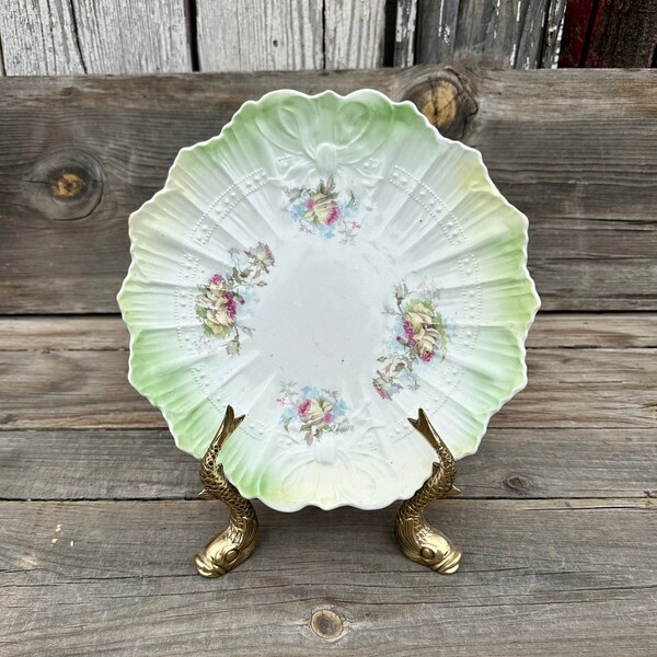 Antique 1900 SEVRES Floral China Plate Mint Green Embossed Scalloped Edges 10.5"