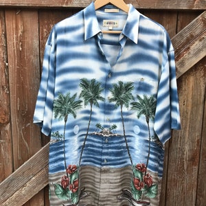 90s Hawaiian Shirt  Rayon Ocean Blues Tropical Palm Trees by Campia Size L