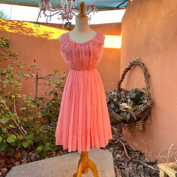 50s 60s Orange Coral Chiffon Over Satiny Dress Midcentury Retro Rockabilly Size XS