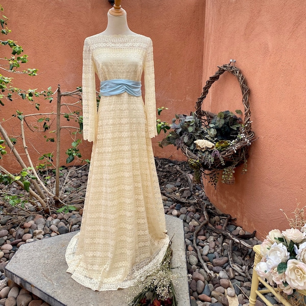 1970s Ivory Lace Floor Length Long Sleeve Blue Sash Empire Waist Gown Neckline  Size S