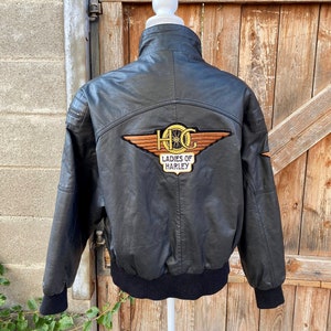 1980s Black Leather Jacket By Chia Ladies Of Harley HOG Motorcycle Patches Size L