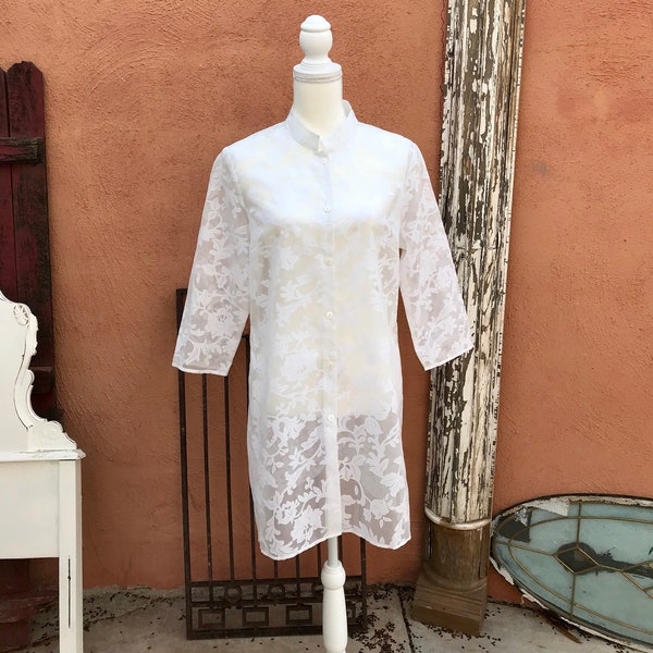 Vintage Sheer White Floral Fabric Buttoned Tunic Top By UNITS Size PL