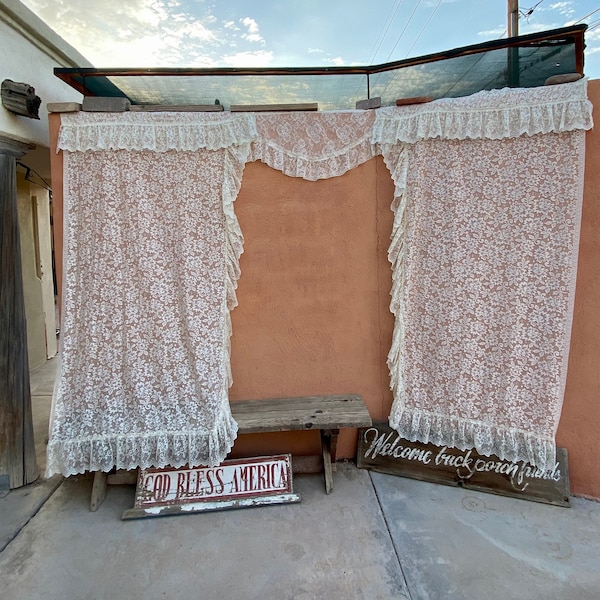 80s Vintage Ivory Floral Lace Curtains 3 Piece Set 84" x 45" Panels With Valance