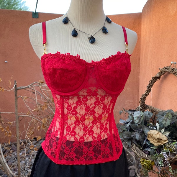 Vintage Red Boned Lace Corset Bra Rhinestone Accent Shoulder Straps By Secret Treasures Size      36B