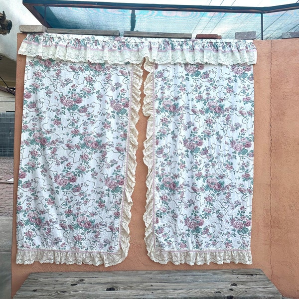 Shabby Chic Vintage Curtain Panels Attached Valance Dusty Pink Florals Lace Trim 70" x 70"